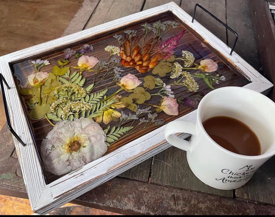 Rustic Wooden Tray with Pressed Flowers