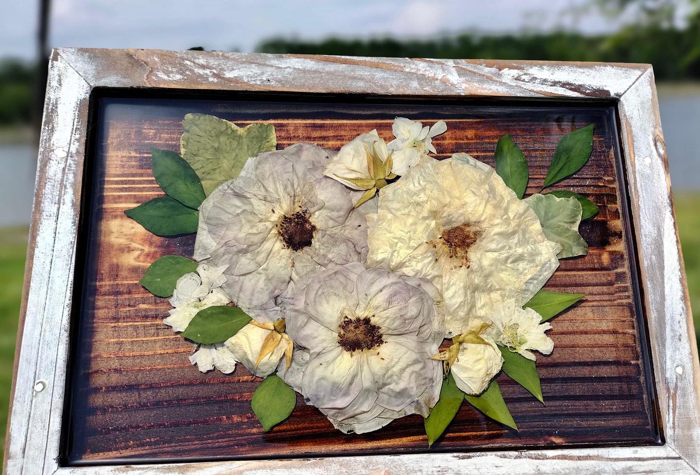 Rustic Wooden Tray with Pressed Flowers
