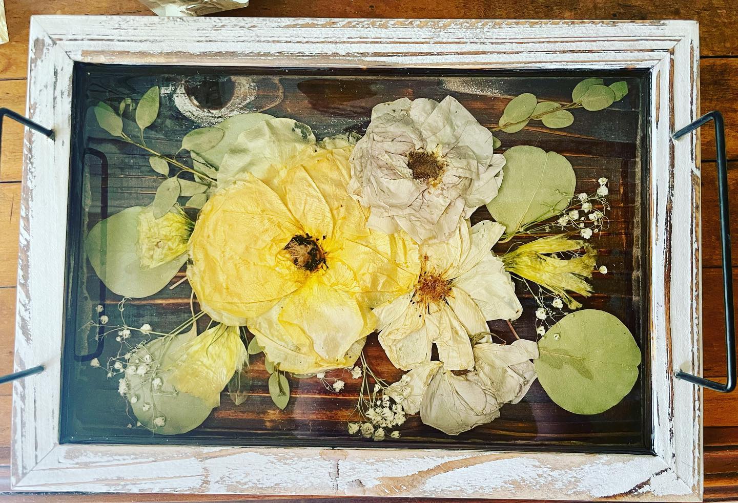 Rustic Wooden Tray with Pressed Flowers