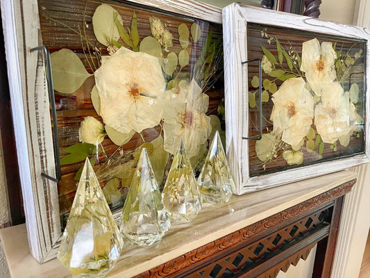 Rustic Wooden Tray with Pressed Flowers